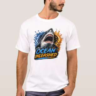Ocean Unleashed Shark – Bold Blue & Orange Splash  T-Shirt