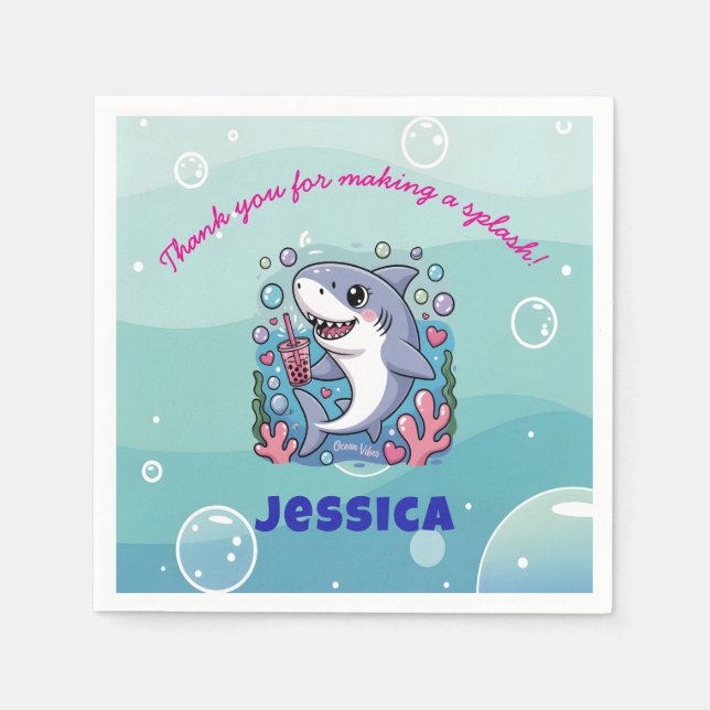 Ocean Vibes Kawaii Boba Shark Baby Shower Party Napkin (Front)
