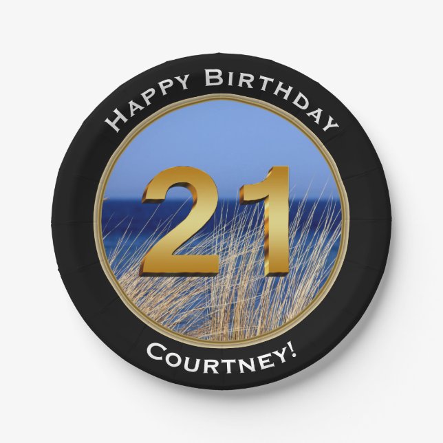 Ocean View Happy 21st Birthday with Name Paper Plate (Front)
