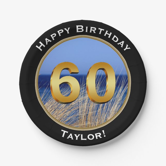 Ocean View Happy 60th Birthday with Name Paper Plate (Front)