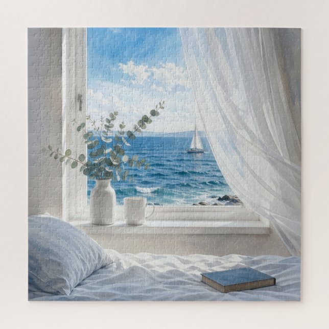 Ocean View in a Bedroom Window Jigsaw Puzzle (Vertical)