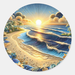 Ocean View Tropical Paper Quilling Effect Classic Round Sticker