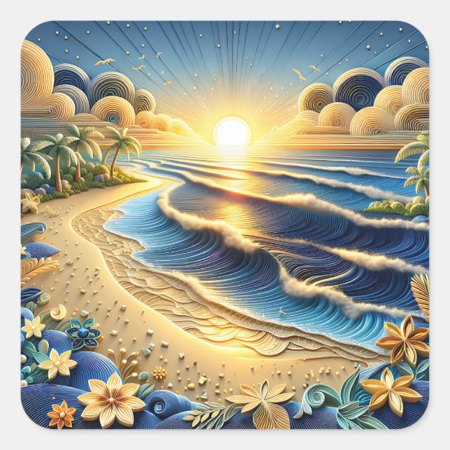 Ocean View Tropical Paper Quilling Effect  Square Sticker (Front)