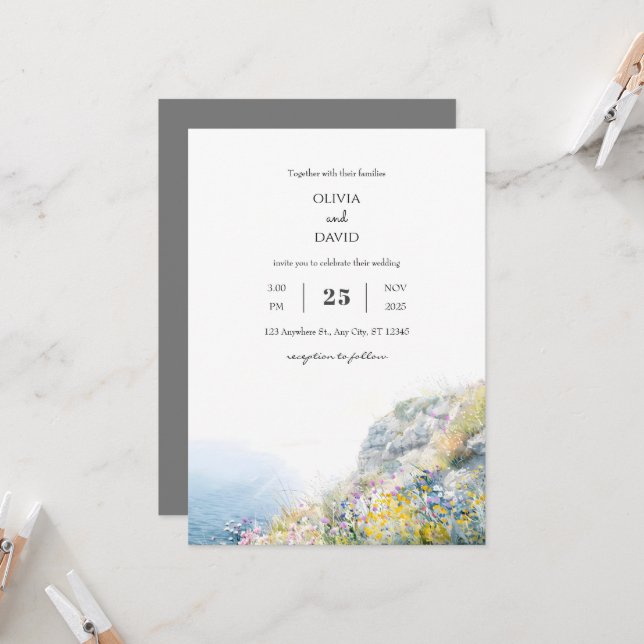 Ocean View Wildflowers Clifftop Beach Wedding  Invitation (Front/Back In Situ)