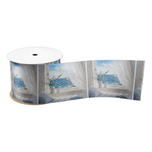 Ocean View with Sailboat in an Open Window Satin Ribbon