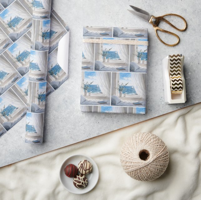 Ocean View with Sailboat in an Open Window Wrapping Paper (Crafts)
