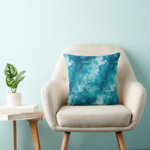 Ocean Water Teal Aqua Watercolor Marble Throw Pillow