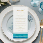 Ocean Watercolor Beach Gold Script Wedding Menu<br><div class="desc">Ocean Watercolor Beach Gold Script Wedding Menu</div>