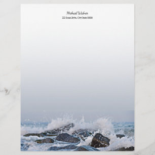 Ocean Watercolor Crashing Waves Rocks Splash Letterhead