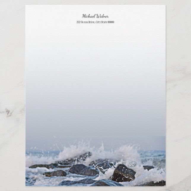 Ocean Watercolor Crashing Waves Rocks Splash Letterhead (Front)