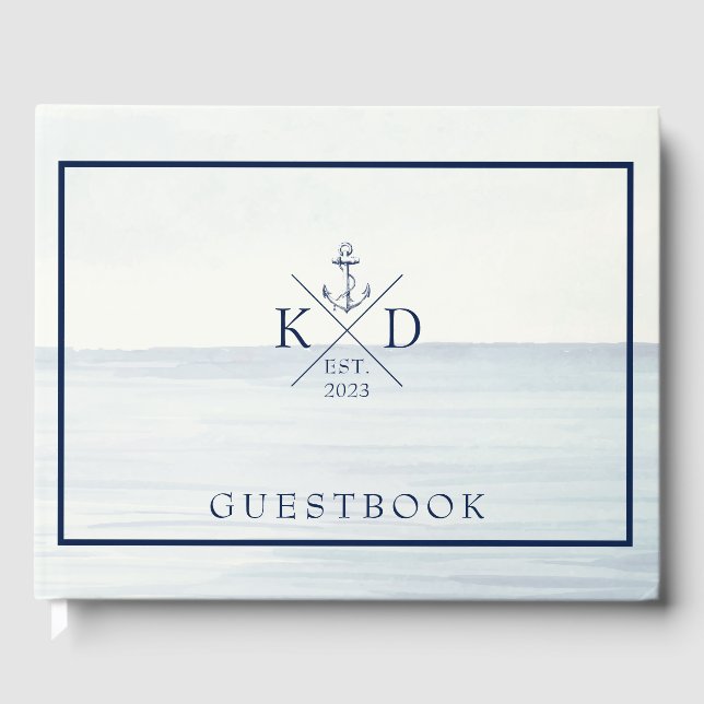 Ocean Watercolor Nautical Anchor Monogram Wedding Guest Book (Front)
