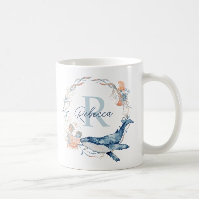 Ocean Watercolor Personalized Monogram Wreath Coffee Mug (Right)