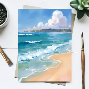 Ocean Watercolor Waves Blue Sea Coastal Painting Postcard