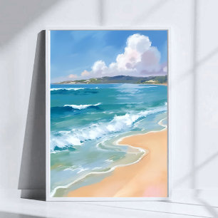 Ocean Watercolor Waves Blue Sea Coastal Painting Poster