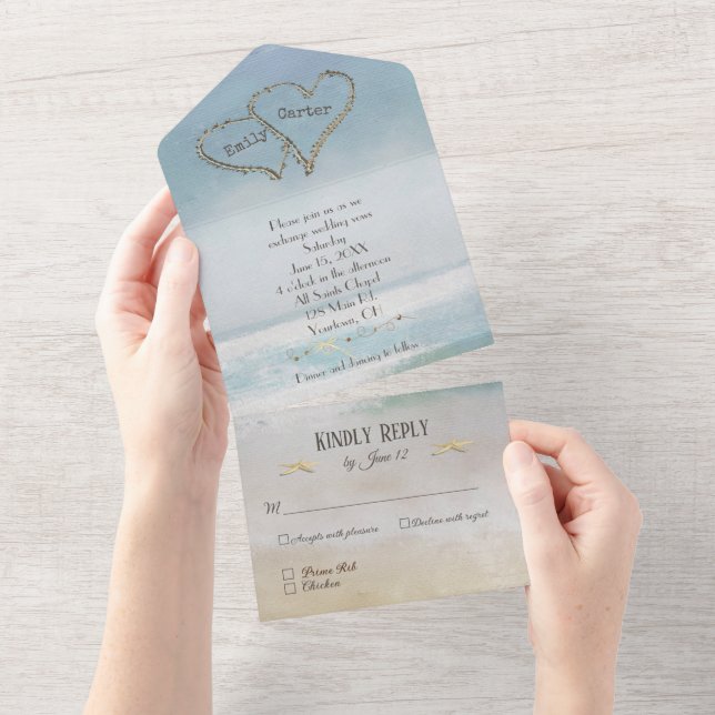 Ocean Watercolor With Hearts All In One Invitation (Tearaway)