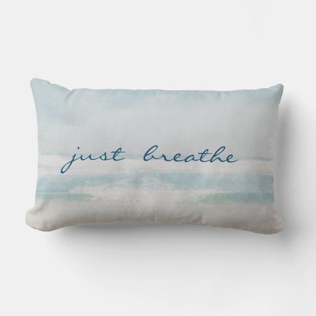ocean watercolor with Just Breathe text Lumbar Pillow (Front)
