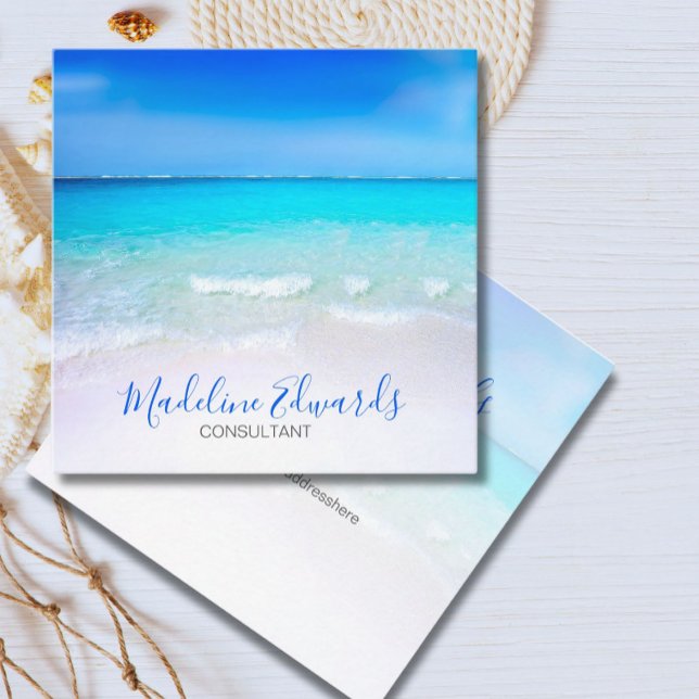 Ocean Wave Beach Blue Scene Modern Monogram Square Square Business Card (Creator Uploaded)