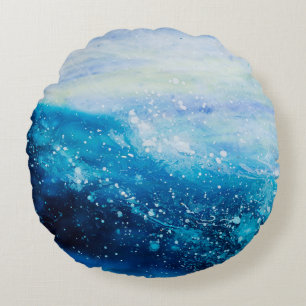 Ocean wave painting, sea foam round pillow