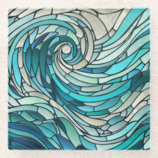 Ocean Wave Spiral Mosaic  Glass Coaster (Front)
