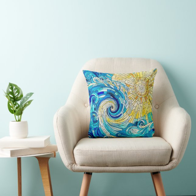 Ocean Wave Sun mosaic art Throw Pillow (Chair)