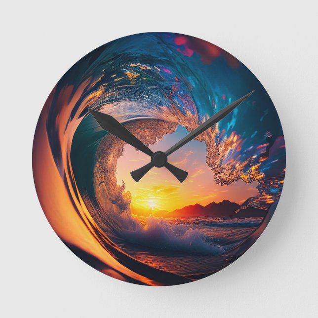 Ocean Wave Sunset Round Clock (Front)