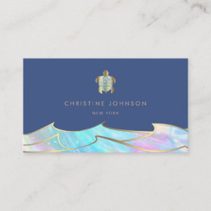 ocean waves and sea turtle logo on blue business card
