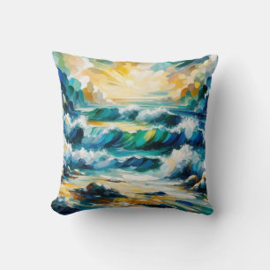 Ocean Waves And Sunrise Abstract Painted Art Throw Pillow