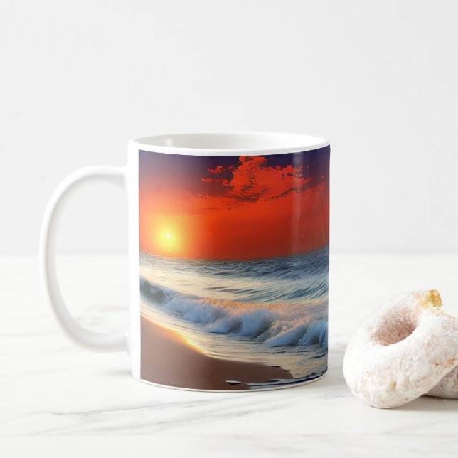 Ocean Waves and Sunset on Sandy Shower Coffee Mug (With Donut)