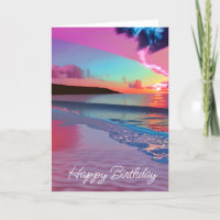 Ocean Waves and Sunset, Pink Sand, Happy Birthday