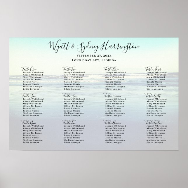 Ocean Waves Beach Background Table Seating Chart (Front)