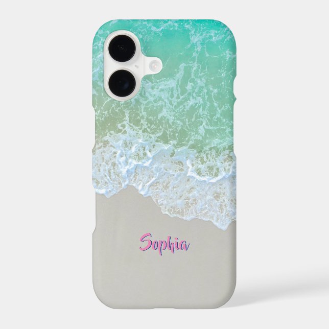 Ocean Waves, Beach Sand, Pink Script Name (Back)