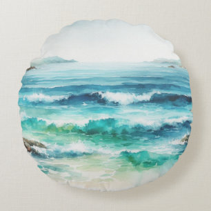 Ocean Waves Beach Watercolor Painting Round Pillow