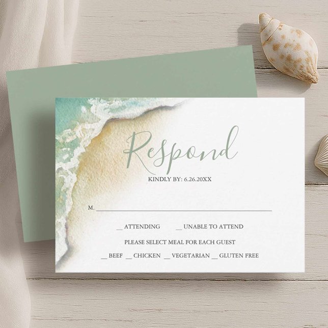 Ocean Waves Beach Wedding Reply RSVP Card (Beach wedding rsvp card watercolor seashore art by Victoria Grigaliunas of Do Tell A Belle)
