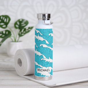 Ocean Waves Blue Pattern Custom Name Water Bottle