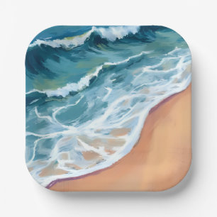 Ocean Waves Blue Watercolor Coastal Paper Plate