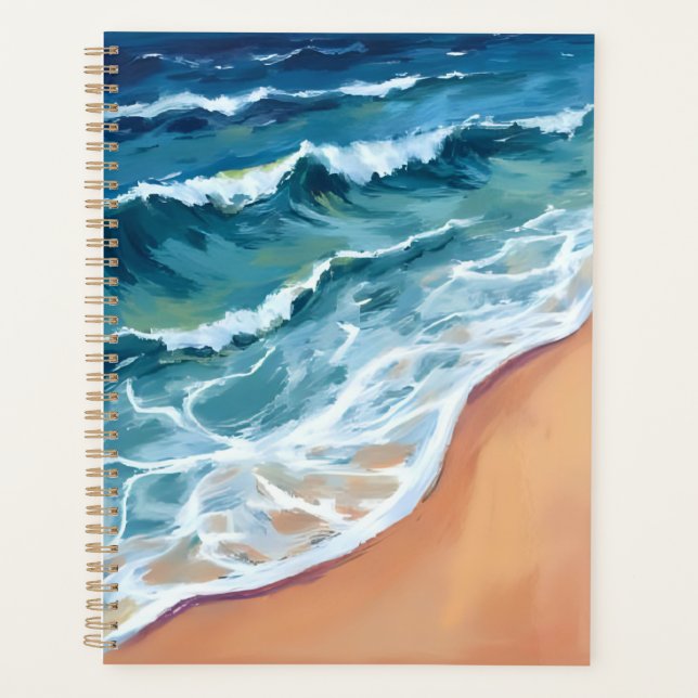 Ocean Waves Blue Watercolor Coastal Planner (Front)