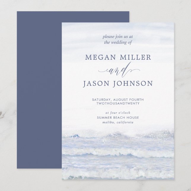 Ocean Waves, Blue, White Watercolor Wedding Invitation (Front/Back)