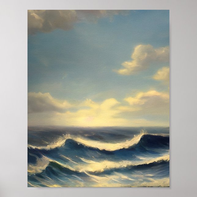 ocean waves cloudy sky nautical painting poster (Front)