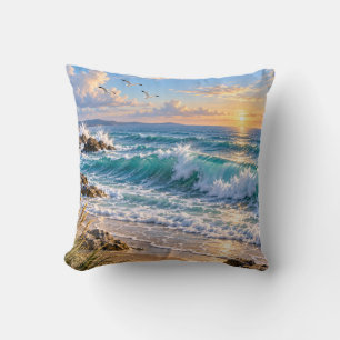 Ocean Waves Coastal Sunset Throw Pillow