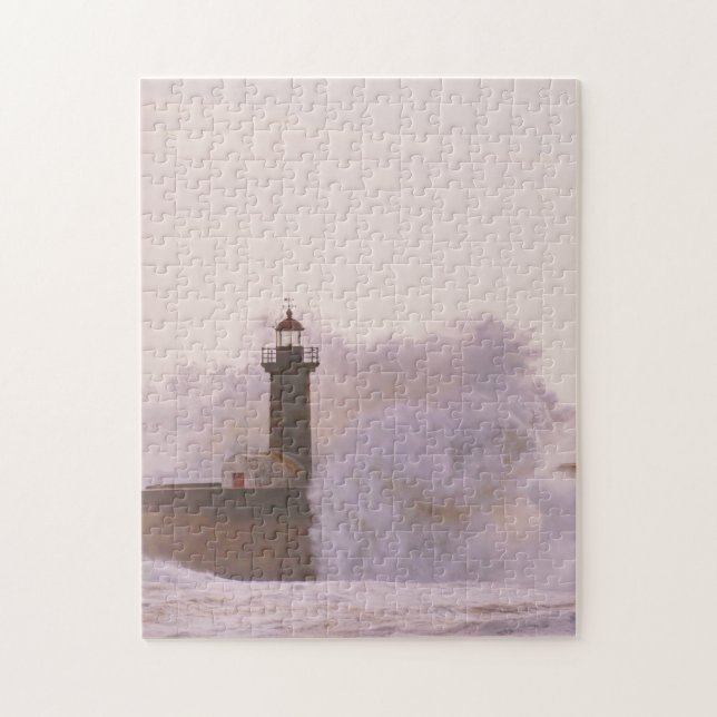 Ocean Waves Crashing Against Lighthouse Jigsaw Puzzle (Vertical)