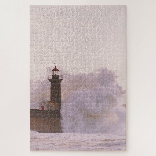 Ocean Waves Crashing Against Lighthouse Jigsaw Puzzle (Vertical)