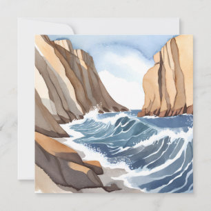 Ocean Waves Crashing   Coastal Beach Watercolor Card