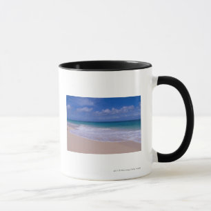 Ocean waves foaming onto sandy beach mug
