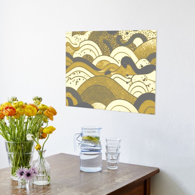 Ocean Waves Gold Foil With a Dark Grey Background Foil Prints (Laydown (Kitchen))