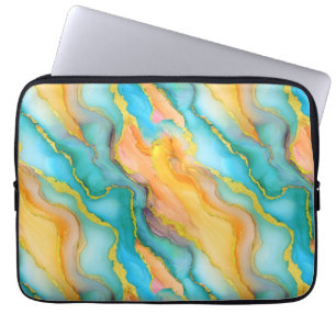  Ocean Waves in Teal and Yellow-Orange Pattern Laptop Sleeve