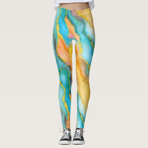 Ocean Waves in Teal and Yellow-Orange Pattern Leggings