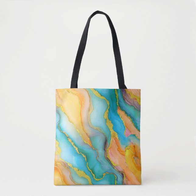  Ocean Waves in Teal and Yellow-Orange Pattern Tote Bag (Front)
