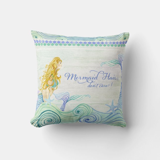 Ocean Waves Mermaid Hair Tail Wooden Saying Sign Throw Pillow (Front)