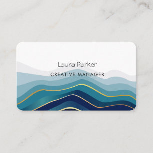 Ocean Waves Minimal Gold Curves Modern Bule Business Card