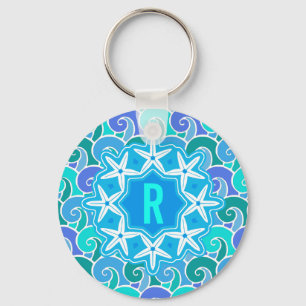 Ocean Waves Nautical Beach Starfish Monogram Blue Keychain